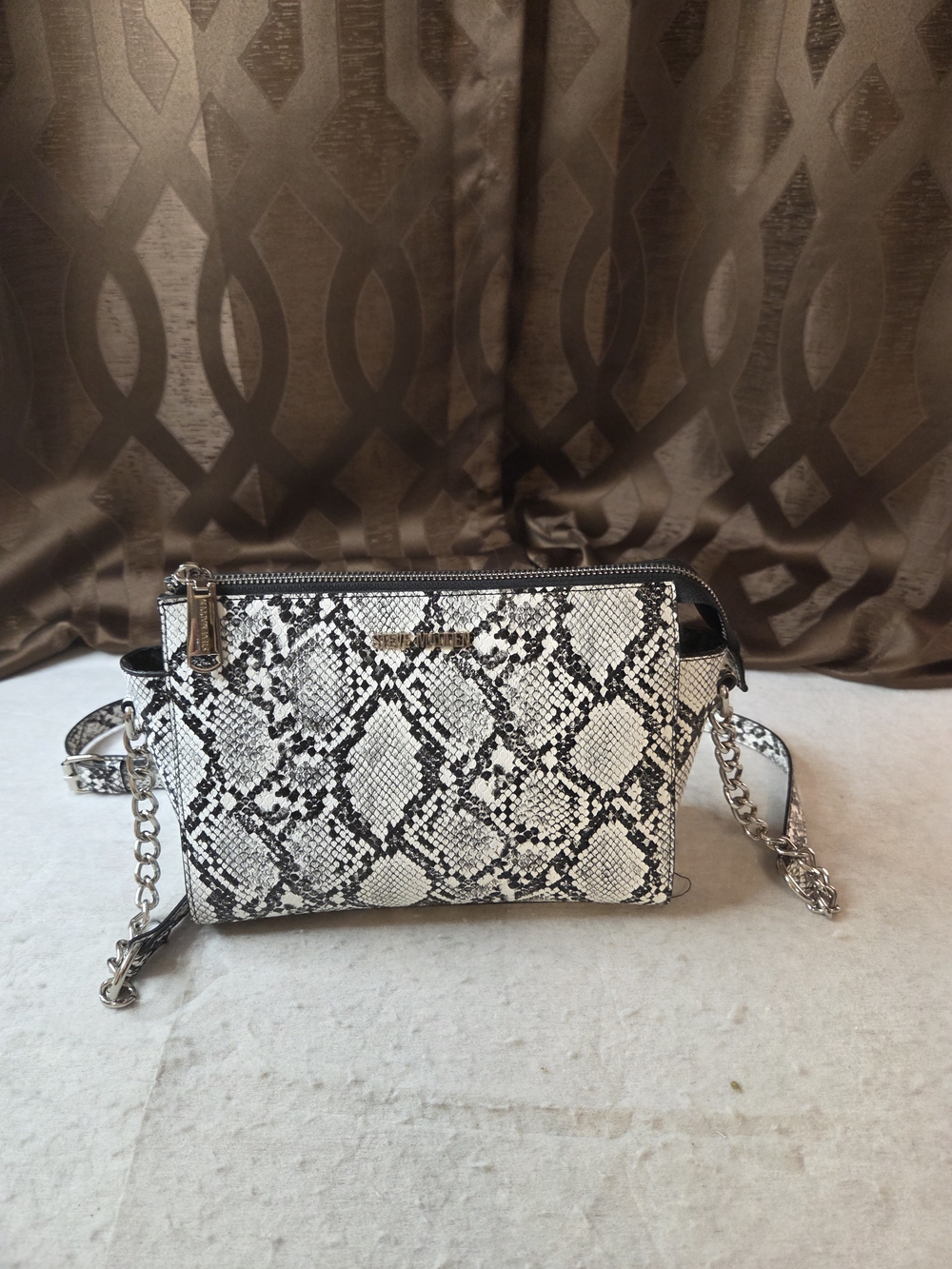 Steve Madden Black & White Snake-Print Crossbody with Chain On Strap